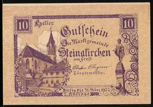 Notgeld Steinakirchen am Forst 1922, 10 Heller, Kirche und Statue, Gültig bis 31. März 1922, 2. Auflage