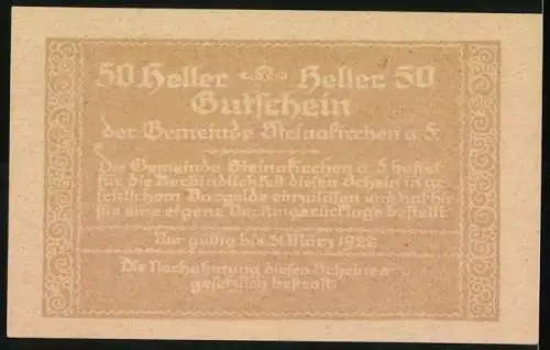 Notgeld Steinakirchen am Forst 1922, 50 Heller, Kirche und Figuren, gültig bis 31. März 1922