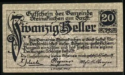 Notgeld Steinakirchen am Forst 1922, 20 Heller, Gemeindeemblem und gotische Schriftzüge