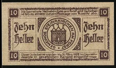 Notgeld Steinakirchen am Forst 1922, 10 Heller, Gemeindewappen und kunstvolle Schriftzüge