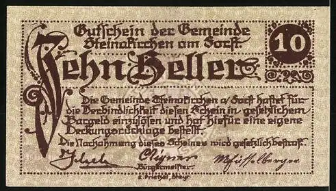 Notgeld Steinakirchen am Forst 1922, 10 Heller, Gemeindewappen und kunstvolle Schriftzüge