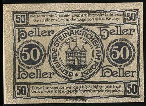 Notgeld Steinakirchen am Forst 1922, 50 Heller, Gemeindewappen mit Kirche und dekorativem Text