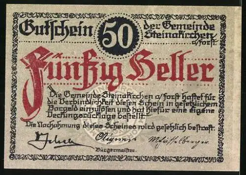 Notgeld Steinakirchen am Forst 1922, 50 Heller, Gemeindewappen mit Kirche und dekorativem Text