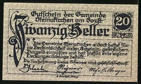 Notgeld Steinakirchen am Forst 1922, 20 Heller, Gemeindewappen und gotische Schriftzüge