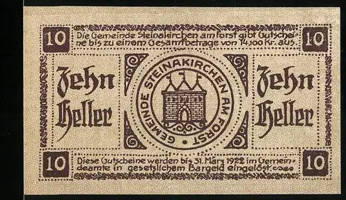 Notgeld Steinakirchen am Forst 1922, 10 Heller, Gemeinde Wappen mit Burgmotiv