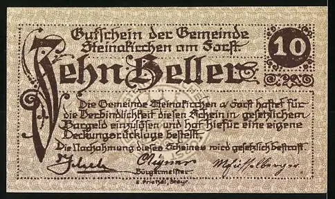 Notgeld Steinakirchen am Forst 1922, 10 Heller, Gemeinde Wappen mit Burgmotiv