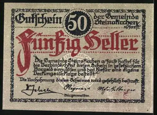 Notgeld Steinakirchen am Forst 1922, 50 Heller, Gemeindewappen mit Schriftzug und Unterschriften