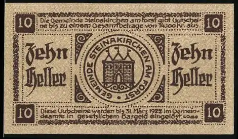 Notgeld Steinakirchen am Forst 1922, 10 Heller, Gemeindewappen und dekorative Schriftzüge