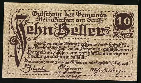 Notgeld Steinakirchen am Forst 1922, 10 Heller, Gemeindewappen und dekorative Schriftzüge