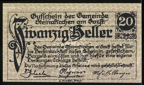 Notgeld Steinakirchen am Forst 1922, 20 Heller, Gemeindewappen und dekorative Schriftzüge