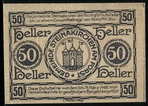 Notgeld Steinakirchen am Forst 1922, 50 Heller, Festungstor-Motiv, Seriennummer und Gemeindewappen