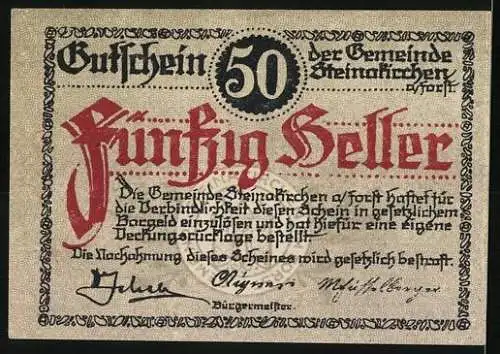 Notgeld Steinakirchen am Forst 1922, 50 Heller, Festungstor-Motiv, Seriennummer und Gemeindewappen