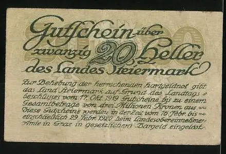 Notgeld Graz / Steiermark 1920, 20 Heller, Text und Signaturen