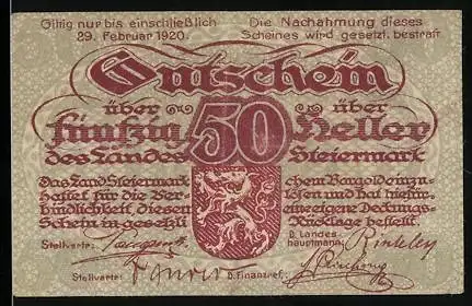 Notgeld Graz / Steiermark 1919, 50 Heller, Löwenwappen, stilisierte Schriftzüge