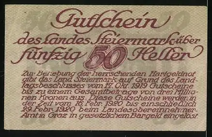 Notgeld Graz / Steiermark 1919, 50 Heller, Löwenwappen, stilisierte Schriftzüge