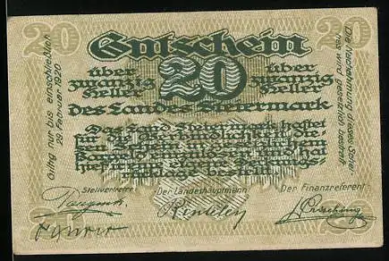 Notgeld Graz / Steiermark 1919, 20 Heller, dekorativer Text und florales Muster