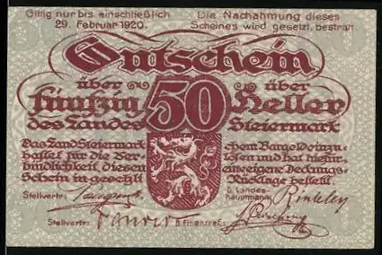 Notgeld Graz / Steiermark 1919, 50 Heller, Wappen des Landes Steiermark