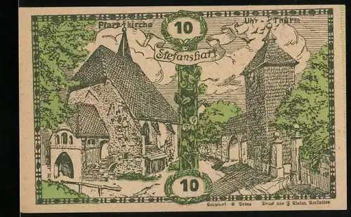 Notgeld Stefanshart 1920, 10 Heller, Pfarrkirche und Uhrturm Darstellung