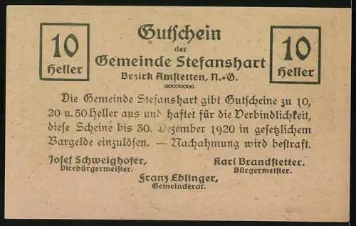 Notgeld Stefanshart 1920, 10 Heller, Pfarrkirche und Uhrturm Darstellung