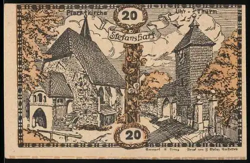 Notgeld Stefanshart 1920, 20 Heller, Pfarrkirche und Turm-Motiv