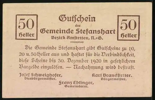 Notgeld Stefanshart 1920, 50 Heller, Kirche und Turm-Motiv