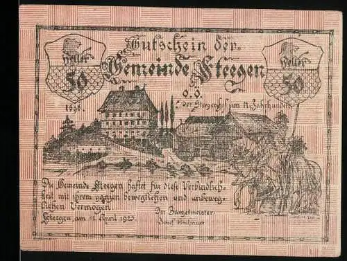 Notgeld Steegen 1920, 50 Heller, Gebäude und ländliche Szene mit Pferden und Wagen