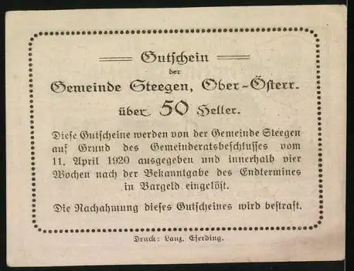 Notgeld Steegen 1920, 50 Heller, Gebäude und ländliche Szene mit Pferden und Wagen