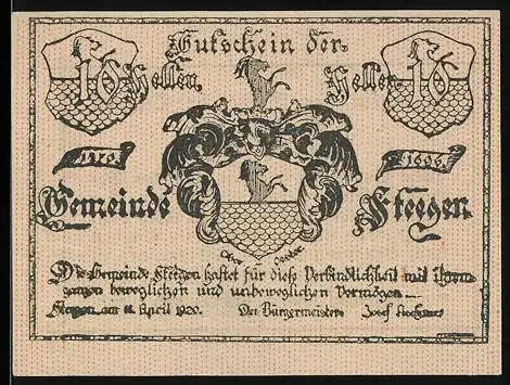 Notgeld Steegen 1920, 10 Heller, Wappenmotiv mit Schriftzug und Ornamenten