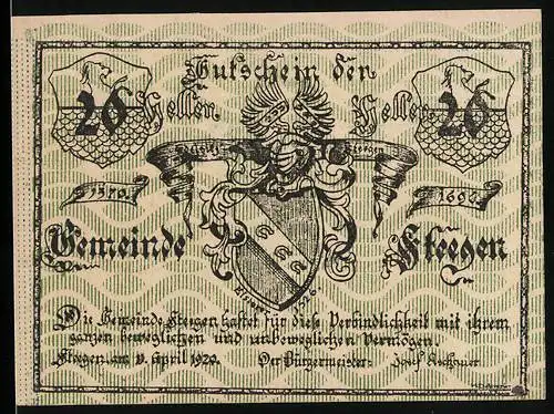 Notgeld Steegen 1920, 20 Heller, Wappenmotiv und Adlerornamentik