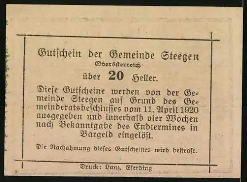 Notgeld Steegen 1920, 20 Heller, Wappenmotiv und Adlerornamentik