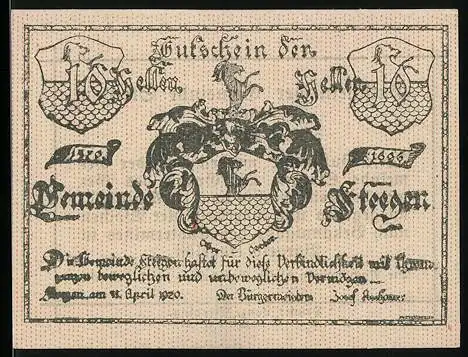 Notgeld Steegen 1920, 10 Heller, Wappen mit Greif und Löwe, Text zur Gültigkeit und Einlösung