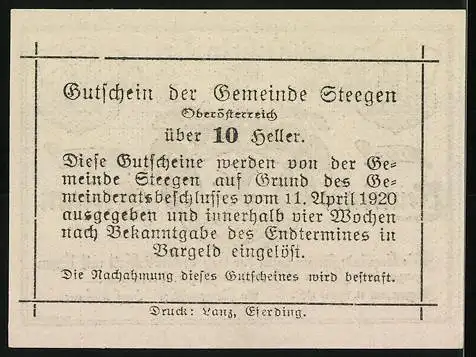 Notgeld Steegen 1920, 10 Heller, Wappen mit Greif und Löwe, Text zur Gültigkeit und Einlösung