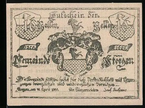 Notgeld Steegen 1920, 10 Heller, mit Wappen und stilisiertem Adler