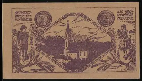 Notgeld Steinakirchen am Forst, 30 Heller, Dorfansicht mit Kirchturm und Trachtenfiguren