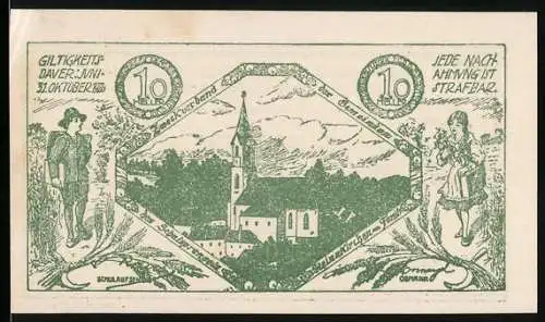 Notgeld Steinakirchen 1920, 10 Heller, Kirche und Landschaftsmotiv