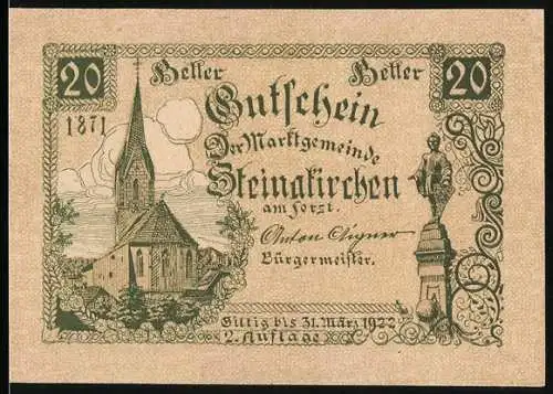 Notgeld Steinakirchen am Forst 1922, 20 Heller, Kirche und Statue, gültig bis 1922