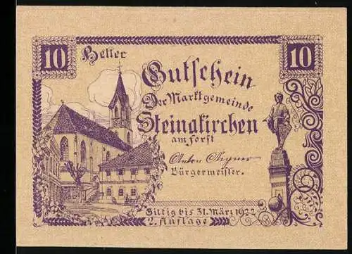 Notgeld Steinakirchen am Forst 1922, 10 Heller, Kirche und Statue, gültig bis 31. März 1922