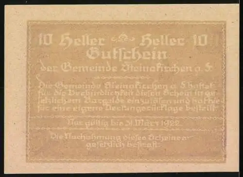 Notgeld Steinakirchen am Forst 1922, 10 Heller, Kirche und Statue, gültig bis 31. März 1922