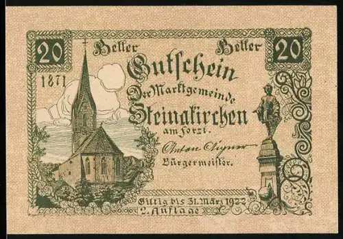 Notgeld Steinakirchen am Forst 1922, 20 Heller, Kirche und Statue, gültig bis 31. März 1922