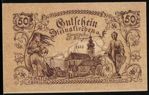 Notgeld Steinakirchen 1922, 50 Heller, Kirche mit Figuren und Ornamenten