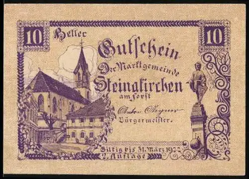 Notgeld Steinakirchen am Forst 1922, 10 Heller, Kirche und Statue, gültig bis 31. März 1922