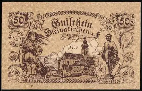 Notgeld Steinakirchen am Forst 1922, 50 Heller, Dorfansicht mit Figuren und Jahreszahl 1866