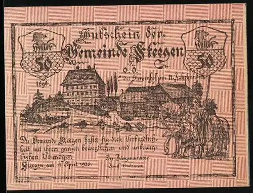 Notgeld Steegen 1920, 50 Heller, Dorfszene mit Reitern und Gebäude, Wappen und Inschrift