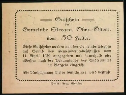 Notgeld Steegen 1920, 50 Heller, Dorfszene mit Reitern und Gebäude, Wappen und Inschrift