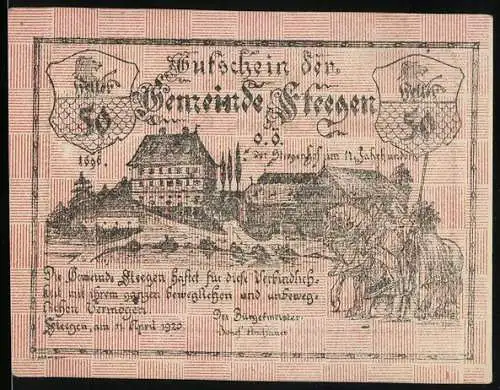 Notgeld Steegen 1920, 50 Heller, Ansicht eines Gebäudes und Landschaft, Wappen und Text