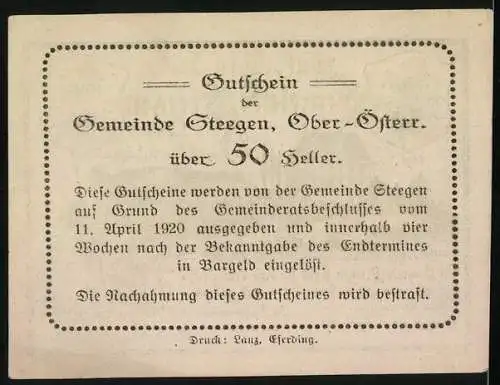 Notgeld Steegen 1920, 50 Heller, Ansicht eines Gebäudes und Landschaft, Wappen und Text