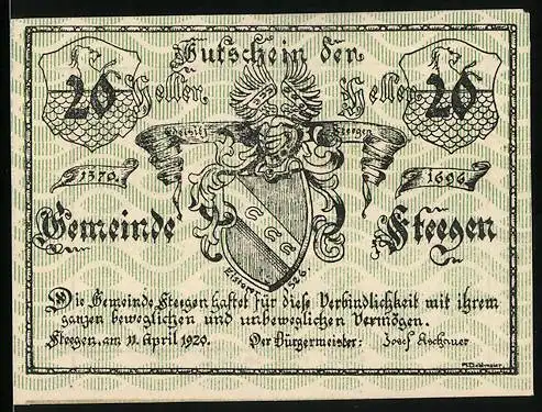 Notgeld Steegen 1920, 20 Heller, Wappenmotiv mit Engel und Inschrift