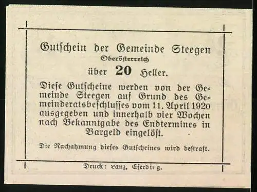 Notgeld Steegen 1920, 20 Heller, Wappenmotiv mit Engel und Inschrift