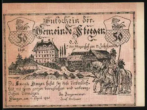 Notgeld Steegen 1920, 50 Heller, Landschaft mit Gebäuden und Reitern, Wappen und Inschriftentafel