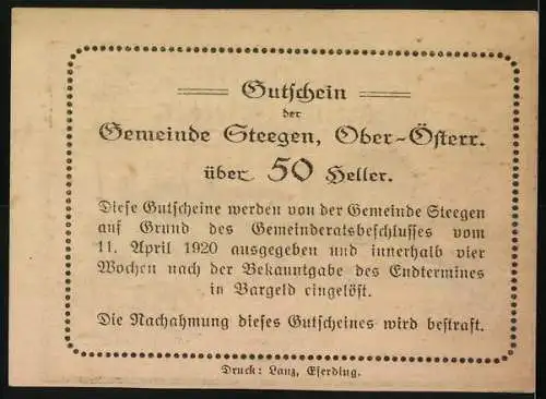 Notgeld Steegen 1920, 50 Heller, Landschaft mit Gebäuden und Reitern, Wappen und Inschriftentafel